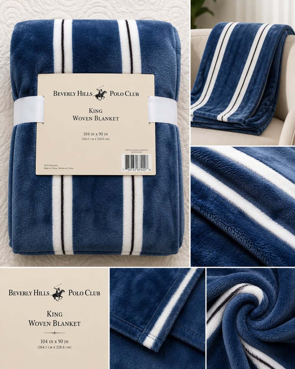 Beverly Hills Polo Club King Woven Plush Blanket, Navy and White Striped
